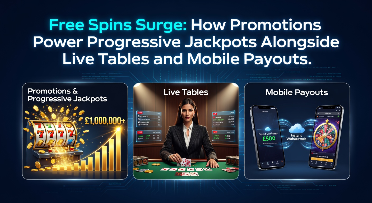 Bunte Free-Spins-Symbole wirbeln um einen progressiven Jackpot-Zähler, während Live-Dealer-Karten und mobile Bildschirme im Hintergrund leuchten