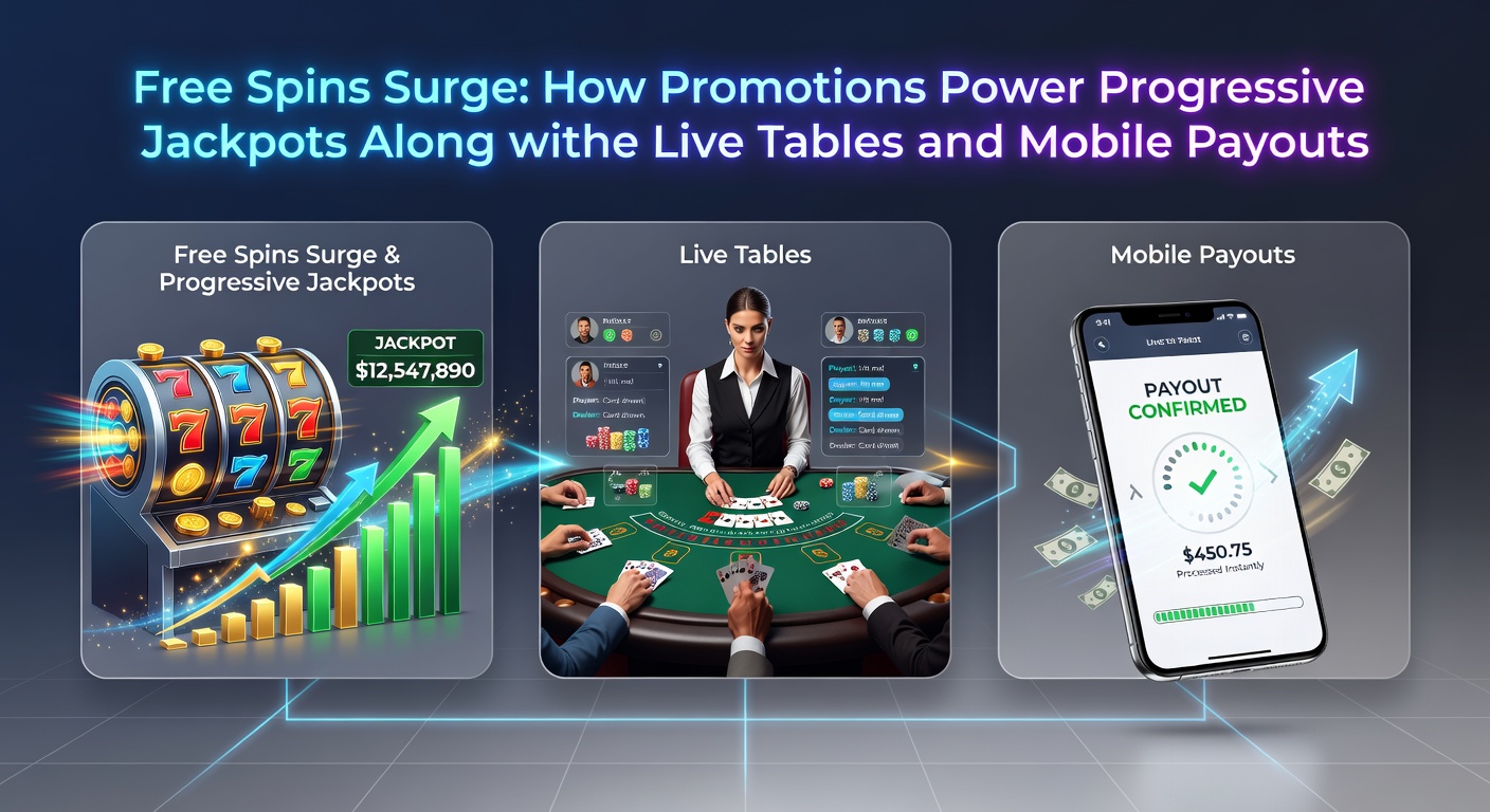 Ein Smartphone zeigt eine Free-Spins-Aktion mit Live-Tisch-Stream und progressivem Jackpot, umgeben von Auszahlungs-Icons