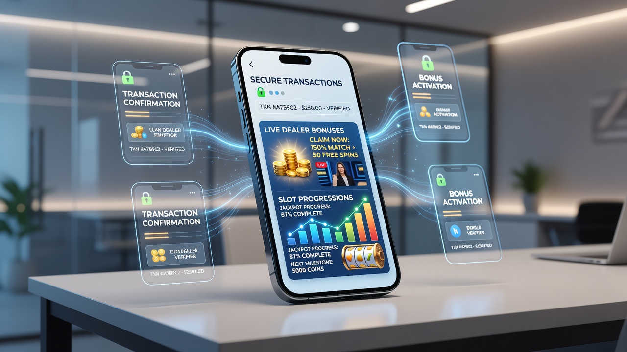 Slot-Progressionsanzeige in mobiler App mit verknüpften Transaktionen